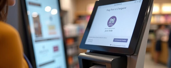 A woman taking a receipt from a kiosk in a shop