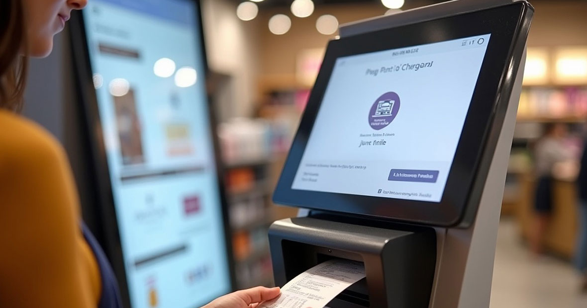A woman taking a receipt from a kiosk in a shop