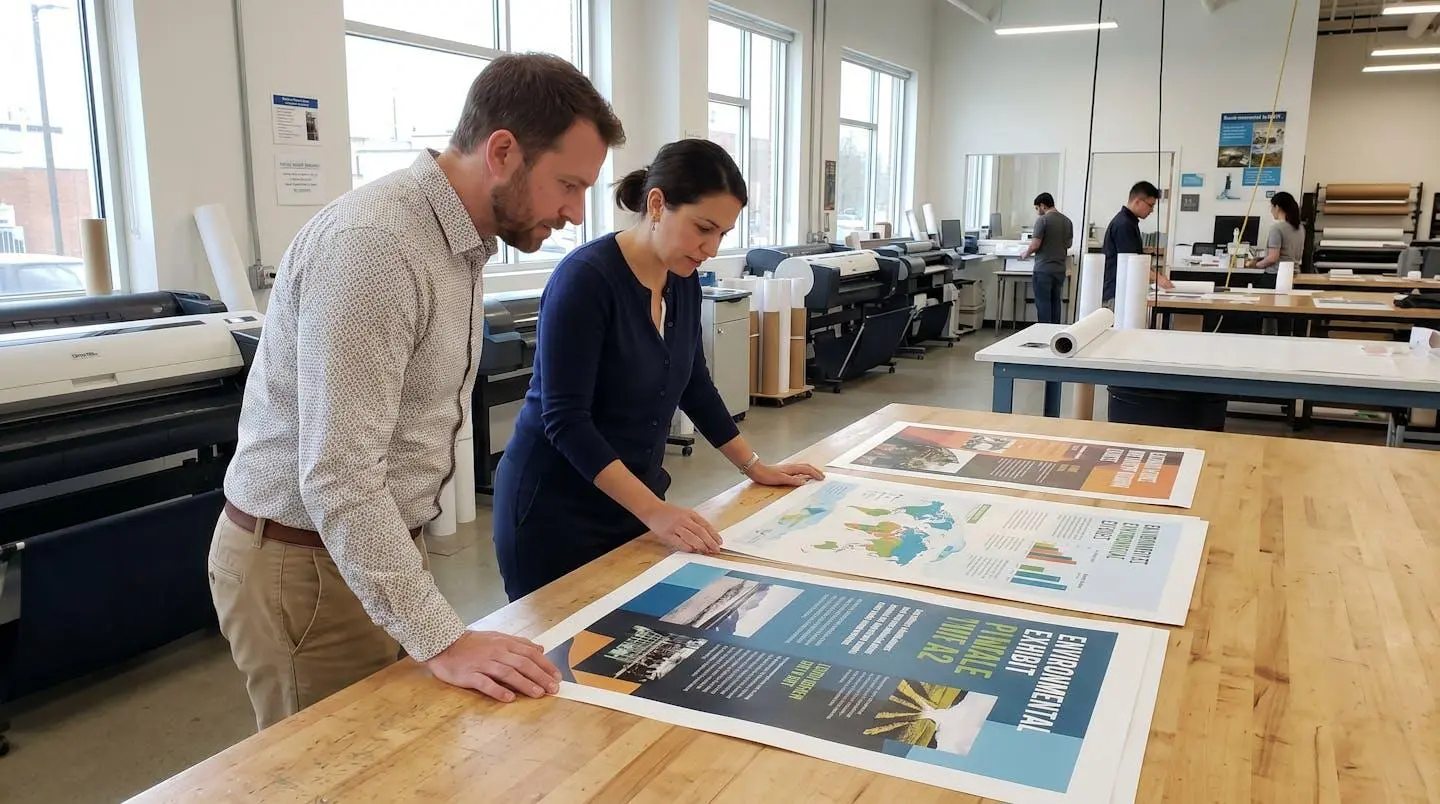 Business owner and print specialist reviewing large format sign samples across a table in a bright modern Calgary print workshop, consulting over material options