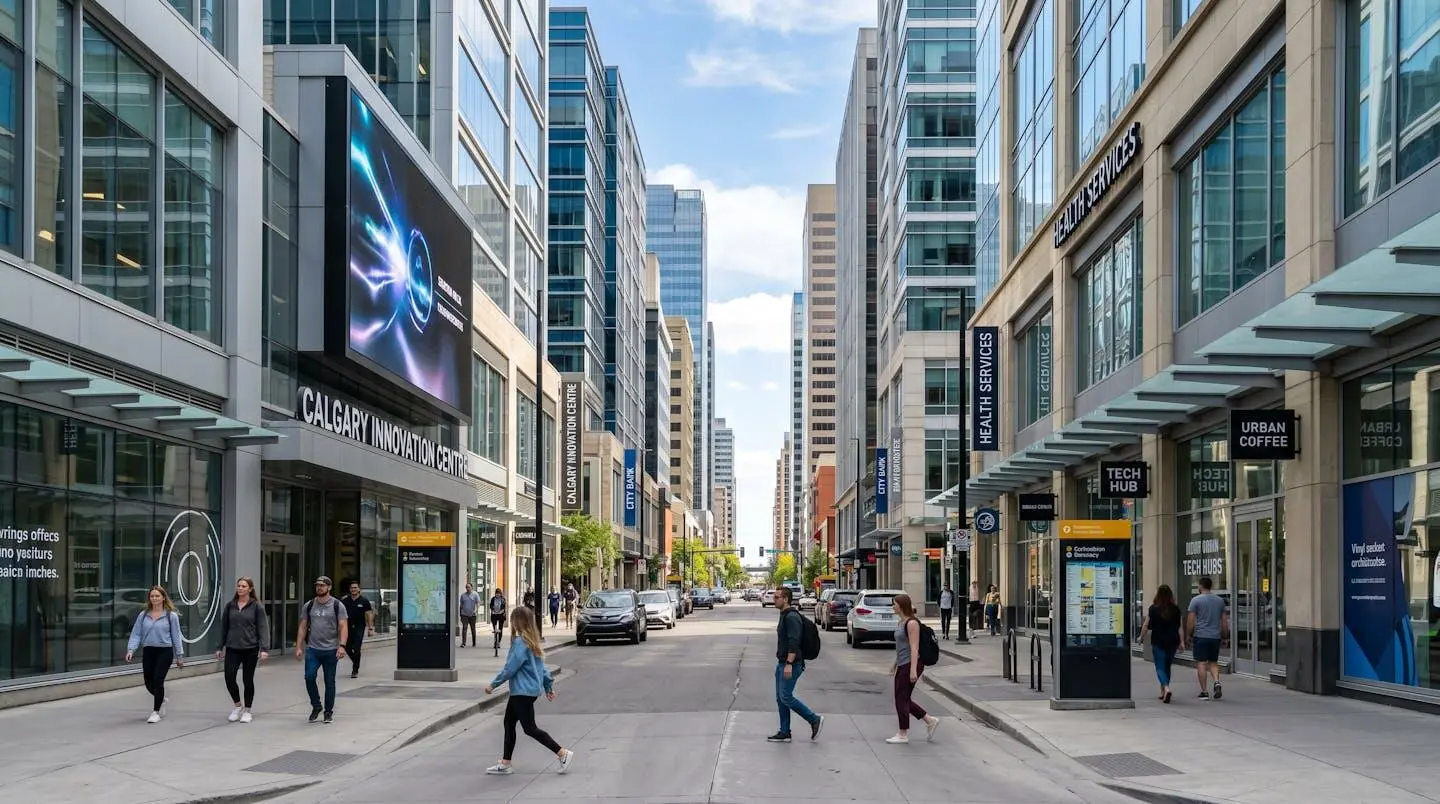 Wide angle view of a clean modern Calgary commercial street in bright daylight showing multiple professional outdoor business signs and storefronts, contemporary urban Canadian architecture