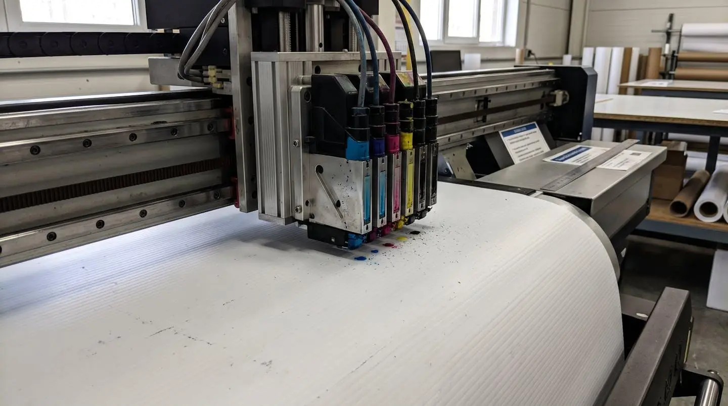 Extreme close-up macro shot of a digital printer head actively depositing vibrant coloured ink droplets onto white signage material, showing mechanical precision with blurred equipment in background